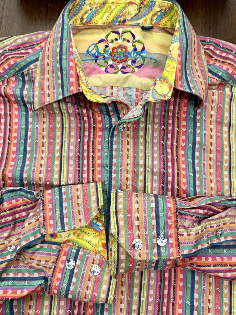 Robert Graham Multi Color Stripe Yellow Paisley Feather Accent Aztec Sz L Large